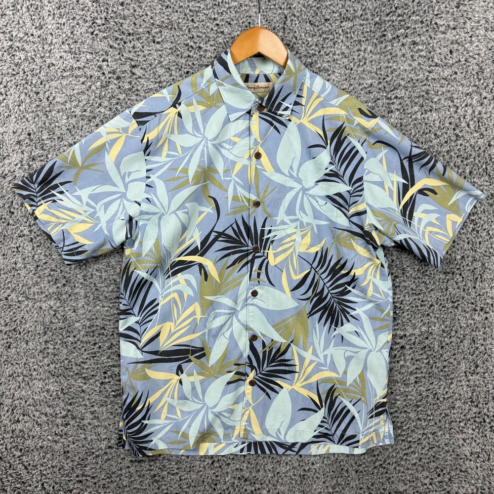 Tommy Bahama Shirt Mens Medium Blue 100% Silk Tropical Floral Hawaiian Button Up